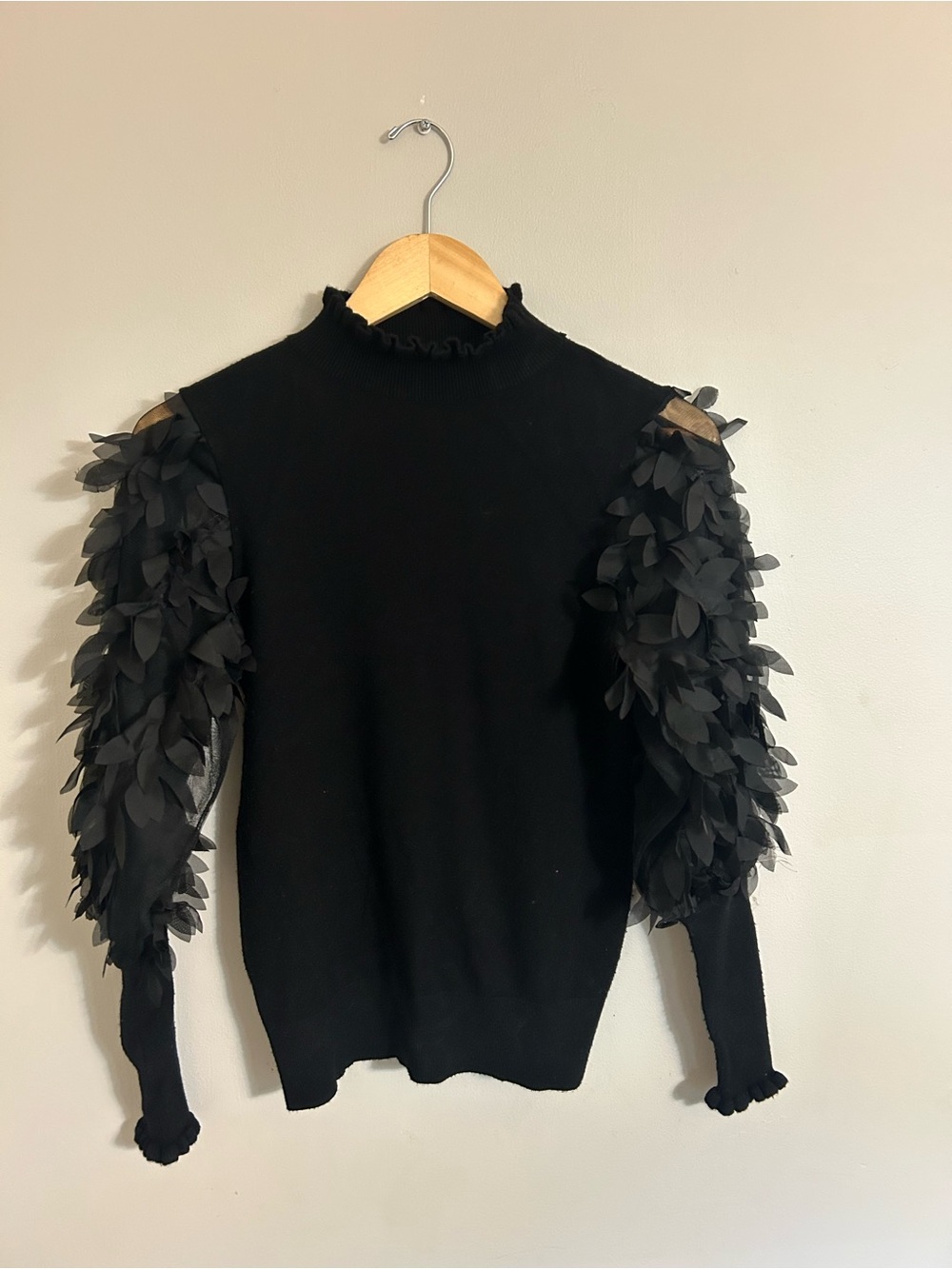 Sioni Black Feather-Trim Cowl Sweater